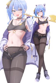 1girl :d absurdres alternate_costume asymmetrical_sidelocks axe battle_axe beret black_choker black_footwear black_panties black_pantyhose black_shorts black_sports_bra blue_eyes blue_hair blue_jacket blush breasts choker closed_mouth commentary contrapposto crossed_legs double-parted_bangs full_body hair_between_eyes hair_ribbon hands_on_own_hips hat highleg highleg_panties highres holding holding_axe hololive hoshimachi_suisei jacket jewelry looking_at_viewer medium_hair micro_shorts multiple_views navel necklace off_shoulder open_fly open_mouth panties pantyhose ribbon ribs shoes shorts side-tie_panties side_ponytail sidelocks simple_background small_breasts smile sneakers sports_bra standing star_(symbol) star_in_eye star_necklace stomach strap_slip string_panties symbol_in_eye two-sided_fabric two-sided_jacket underboob underwear virtual_youtuber weapon white_background white_hat white_jacket zetacat zoom_layer