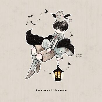 1boy artist_name black_eyes brooch brown_shorts child closed_mouth commentary_request creature_on_head crescent expressionless full_body grey_background grey_shirt grey_shoes grey_socks holding holding_lantern invisible_chair jewelry lantern long_sleeves looking_at_viewer male_focus original outline painting_(medium) shirt shoes short_hair shorts signature simple_background simple_bat sitting socks solo tookita_honoka traditional_media very_short_hair watercolor_(medium) white_outline