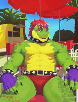 Rule 34 | 1boy, abs, artist name, bara, bare pectorals, beach umbrella, biceps, bracelet, bulge, character name, claws, collar, commentary, crocodile boy, english commentary, eyewear on head, fingerless gloves, five nights at freddy's, five nights at freddy's: security breach, furry, furry male, gloves, highres, jewelry, looking at viewer, male focus, montgomery gator, muscular, muscular male, open mouth, pectorals, purple gloves, red8ean, sitting, smile, spiked belt, spiked bracelet, spiked collar, spikes, star-shaped eyewear, star (symbol), sunglasses, topless male, umbrella