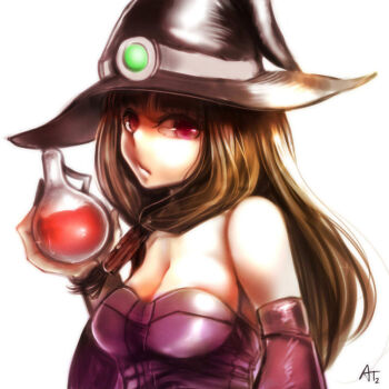 1girl at2. bare_shoulders blunt_bangs breasts brown_hair cleavage closed_mouth detached_sleeves expressionless hat large_breasts long_hair looking_at_viewer minecraft mob_talker potion purple_eyes solo witch witch_(minecraft) witch_hat