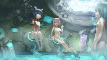 4girls :3 :d animal_ears ass bad_id bad_pixiv_id barefoot bath blue_eyes blue_hair cat_ears censored convenient_censoring covering_privates covering_breasts fang feet flat_chest highres holographic_interface legs loli long_hair machine multiple_girls navel nude observerz one_eye_closed open_mouth original pink_eyes pink_hair ponytail robot_ears science_fiction short_hair shower_head sitting smile steam wading water wink