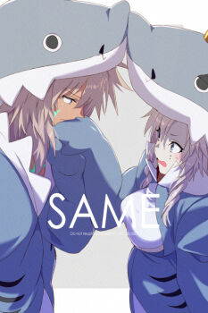 1boy 1girl animal_costume animal_hood blue_eyes blush breasts crown dark-skinned_male dark_skin echo_(circa) fate/grand_order fate_(series) hood kriemhild_(fate) kriemhild_(swimsuit_rider)_(fate) kriemhild_(swimsuit_rider)_(second_ascension)_(fate) large_breasts long_hair long_sleeves mini_crown open_mouth shark_costume shark_hood siegfried_(fate) underboob white_hair