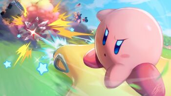 absurdres blue_eyes blush_stickers car company_connection crossover explosion highres hovercraft kirby kirby_(series) kirby_air_ride kirby_air_riders mario mario_(series) mario_kart motor_vehicle nintendo ritchell-innocent solo_focus star_(symbol) watercraft