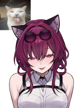 1girl :p absurdres animal_ear_fluff animal_ears bare_shoulders breasts cat_ears collared_shirt eyewear_on_head glasses hair_between_eyes hair_intakes highres honkai:_star_rail honkai_(series) kafka_(honkai:_star_rail) kemonomimi_mode large_breasts looking_at_viewer medium_hair meme_request miclipse pince-nez purple_eyes purple_hair round_eyewear shirt simple_background sleeveless sleeveless_shirt solo sunglasses tongue tongue_out upper_body white_background white_shirt