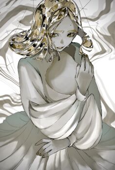 Rule 34 | 1other, blonde hair, colored eyelashes, commentary request, crystal hair, dress, goan pizya, highres, houseki no kuni, medium hair, nervous, nervous sweating, other focus, puffy sleeves, solo, sparkle, sweat, white dress, yellow diamond (houseki no kuni), yellow eyes