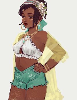 1girl alternate_costume bare_shoulders black_hair bracelet breasts brown_eyes brown_hair crop_top dark-skinned_female dark_skin earrings flower green_shorts hair_flower hair_ornament hand_on_own_hip highres hoop_earrings identity_v jewelry looking_at_viewer medium_breasts midriff navel necklace nonnonsis123 patricia_dorval patricia_dorval_(tropical_holiday) piercing ring see-through_clothes shawl shorts simple_background sketch solo very_dark_skin white_background white_flower yellow_eyes
