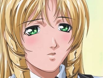 00s 1girl 2001 animated animated_gif bible_black bible_black_night_of_the_walpulgiss blonde_hair blush drill_hair drill_sidelocks green_eyes long_hair school_uniform shiraki_rika shirt sidelocks solo suspenders tagme