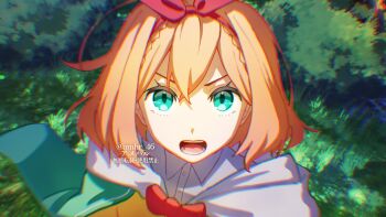 Rule 34 | 1girl, amhr 46, aqua eyes, artist name, blonde hair, bow, bow hairband, bowtie, braid, cape, collared shirt, dress shirt, grass, green eyes, hair between eyes, hair ribbon, hairband, highres, looking at viewer, medium hair, open mouth, orange hair, outdoors, petra leyte, portrait, re:zero kara hajimeru isekai seikatsu, red bow, red bowtie, red hairband, red ribbon, ribbon, shirt, short hair, solo, teeth, twitter username, upper body, white shirt