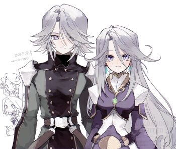 1boy 1girl absurdres armor artist_name belt belt_buckle blush brown_belt buckle buttons closed_mouth coat commentary_request dated dio_(tales) dios_bandi double-breasted dress earrings eyes_visible_through_hair green_coat grey_hair hair_over_one_eye highres jewelry kururu_(tales) long_sleeves looking_at_viewer mel_(tales) meltia_bandi nancykittyu purple_dress purple_eyes short_hair shoulder_armor simple_background smile tales_of_(series) tales_of_phantasia tales_of_phantasia:_narikiri_dungeon white_background