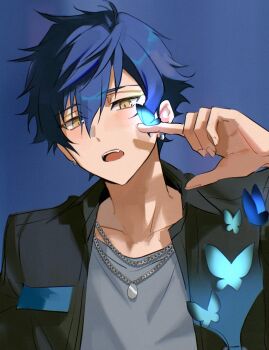 1boy blue_background blue_butterfly blue_hair bug butterfly chain chain_necklace collared_shirt ensemble_stars! fang fingernails grey_shirt hair_between_eyes hand_up insect jewelry looking_at_viewer male_focus necklace open_mouth sarara_rarara sazanami_jun shirt short_hair solo teeth upper_body upper_teeth_only yellow_eyes