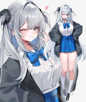 Rule 34 | 1girl, absurdres, artist name, black cardigan, black shoes, blue bow, blue bowtie, blue eyes, blue nails, blue skirt, blush, bow, bowtie, breasts, button gap, buttons, cardigan, collared shirt, commentary, english commentary, full body, grey hair, hair between eyes, hair intakes, hand up, hands on own hips, heart, high-waist skirt, highres, kneehighs, large breasts, legs, long hair, long sleeves, miniskirt, multiple views, nail polish, one eye closed, open mouth, original, parted bangs, parted lips, plaid bow, plaid clothes, plaid skirt, pleated skirt, shirt, shirt tucked in, shoes, sidelocks, simple background, skirt, smile, socks, thighs, two side up, v, very long hair, white background, white shirt, yuniiho