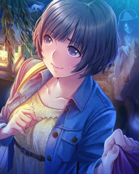 Rule 34 | 1girl, anegasaki nene, bag, bamboo, belt, belt buckle, blue jacket, breasts, brown belt, brown hair, buckle, candle, clenched hand, closed mouth, collarbone, dutch angle, fingernails, floral print, from above, ghost, glowing, glowing eye, grass, hands up, highres, jacket, japanese clothes, kimono, long sleeves, looking to the side, love plus, mole, mole under eye, nervous, nervous sweating, night, official alternate hairstyle, official art, open clothes, open jacket, purple eyes, right-over-left kimono, shiroshouzoku, shirt, short hair, shoulder bag, solo, sweat, sweatdrop, triangular headpiece, upper body, well, white kimono, yellow bag, yellow shirt