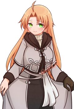 1girl absurdres ahoge artist_name black_dress blonde_hair blush breasts brown_skirt closed_mouth clothes_lift cowboy_shot curtained_hair dress forehead genderswap genderswap_(mtf) green_eyes grey_dress grey_shirt highres long_hair looking_at_viewer medium_breasts mushoku_tensei pinstripe_sweater rudeus_greyrat sash sdd13lr shirt shirt_over_dress simple_background skirt skirt_lift smile solo sweater turtleneck turtleneck_sweater twitter_username two-tone_dress two-tone_shirt watermark white_background white_sash white_sweater