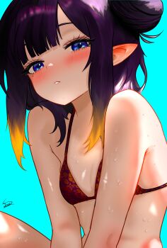 1girl absurdres aqua_background bare_shoulders bikini blonde_hair blue_eyes blush breasts dfswift hair_bun highres hololive hololive_english leaning_forward long_hair looking_at_viewer mole mole_under_eye multicolored_bikini ninomae_ina&#039;nis parted_lips pointy_ears purple_bikini purple_hair red_bikini signature simple_background single_side_bun solo sweat swimsuit thighs two-tone_bikini upper_body virtual_youtuber