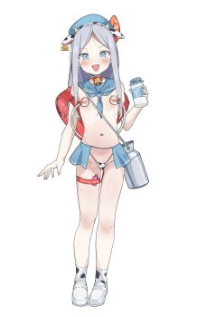 1girl absurdres animal_ear_hairband animal_ears animal_print backpack bag bell blue_hair blue_sailor_collar bow breast_pump breasts choker cow_ear_hairband cow_ears cow_print cow_print_hairband cow_print_panties cow_print_socks cowbell detached_collar earrings fake_animal_ears full_body grey_hair groin hairband highres holding holding_jar jar jewelry lactation light_blush loli long_hair looking_at_viewer mary_janes merlt milk milking_machine nipples off_shoulder open_mouth original randoseru red_bow sailor_collar shoes simple_background small_breasts solo standing sweat topless_female white_background