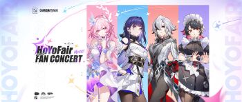 Rule 34 | 4girls, :o, apron, aqua hair, arlecchino (genshin impact), bare shoulders, black dress, black eyes, black gloves, black hair, black pantyhose, blue gloves, breasts, closed mouth, coat, commentary, cup, cyrene (honkai: star rail), cyrene (ripples of past reverie) (honkai: star rail), detached sleeves, diamond-shaped pupils, diamond (shape), dress, drinking glass, earrings, ellen joe, english text, fins, fish tail, flower, genshin impact, gloves, gradient hair, grey pants, hair flower, hair ornament, heart, heart hands, highres, holding, holding cup, honkai: star rail, honkai (series), honkai impact 3rd, hoyofair, jewelry, large breasts, long hair, looking at viewer, maid, maid apron, maid headdress, mihoyo, multicolored hair, multiple girls, official art, pants, pantyhose, pink hair, pointy ears, puffy short sleeves, puffy sleeves, purple eyes, purple hair, raiden mei, raiden mei (apho), red eyes, red hair, shark girl, shark tail, short hair, short sleeves, smile, streaked hair, sylvia (huajiuhuajiu), symbol-shaped pupils, tail, two-tone hair, very long hair, white coat, white dress, white hair, wine glass, x-shaped pupils, zenless zone zero