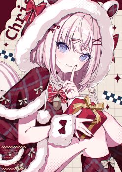 1girl animal_hood artist_name blue_eyes blush bow bowtie box brown_bow capelet closed_mouth commentary_request dress feet_out_of_frame finger_to_mouth fur-trimmed_capelet fur-trimmed_hood fur_trim gift gift_box grid_background hair_ornament hairclip highres holding holding_gift hood hood_up index_finger_raised knees_up looking_at_viewer looking_to_the_side nail_polish original pom_pom_(clothes) red_bow red_bowtie red_capelet red_dress red_nails short_hair shushing signature sitting smile solo sparkle squirrel_girl squirrel_tail striped_background tail tatejima_uri white_hair wrist_cuffs x_hair_ornament