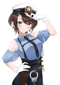 1girl :d absurdres adjusting_clothes adjusting_headwear arm_up belt belt_pouch black_belt black_necktie black_skirt blue_eyes blue_shirt brown_belt brown_hair center_frills chest_harness clothing_cutout collared_shirt commentary cuffs frills gloves grin hand_on_own_hip handcuffs harness hat high-waist_skirt highres hololive jape_(ja_pehhhh) looking_at_viewer necktie official_alternate_costume oozora_subaru oozora_subaru_(police) open_mouth peaked_cap police police_hat police_uniform policewoman pouch shirt shirt_tucked_in short_hair short_sleeves shoulder_cutout simple_background skirt smile solo swept_bangs symbol-only_commentary virtual_youtuber white_background white_gloves white_hat