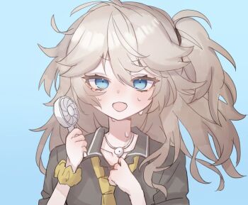 1girl adjusting_collar arazan_(ara_arazan24) black_shirt blonde_hair blue_background blue_eyes commentary_request floating_hair hand_fan handheld_electric_fan holding holding_fan hot jewelry kasukabe_tsumugi long_hair magatama magatama_necklace messy_hair mole mole_under_eye necklace necktie no_cardigan one_side_up open_collar open_mouth portrait scrunchie shirt simple_background solo sweat voicevox yellow_necktie yellow_scrunchie