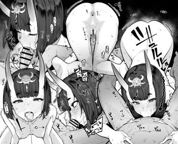 1boy 1girl :>= after_fellatio anus ass back bar_censor blunt_bangs blush breasts censored commission cum cum_in_mouth cum_on_tongue deepthroat fate/grand_order fate_(series) fellatio greyscale hair_ornament hetero highres horns loli looking_at_viewer moketa monochrome multiple_views nipples oni oral penis pussy pussy_juice short_hair shuten_douji_(fate) skeb_commission skin-covered_horns small_breasts tongue tongue_out