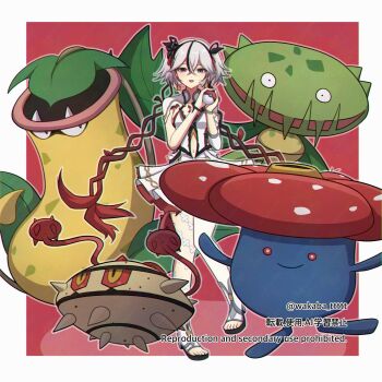 Rule 34 | 0roshioji3ran, 1girl, alternate color, black eyes, black flower, blake bloom (wuthering waves), border, breasts, camellya (wuthering waves), carnivine, clothing cutout, collar, commentary request, crossover, dress, ferrothorn, flower, gen 1 pokemon, gen 4 pokemon, gen 5 pokemon, hair between eyes, hair flower, hair ornament, hair vines, highres, holding, holding poke ball, looking at viewer, navel, nintendo, pantyhose, poke ball, pokemon, pokemon (creature), red background, shiny pokemon, short hair, single leg pantyhose, small breasts, smile, solo, stomach cutout, toes, victreebel, vileplume, white border, white collar, white dress, white pantyhose, wuthering waves