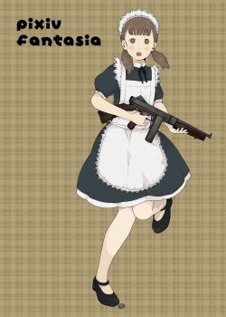 Rule 34 | 1girl, apron, bad id, bad pixiv id, brown eyes, brown hair, combat maid, female focus, gun, highres, maid, maid apron, mosuko, pixiv fantasia, pixiv fantasia 1, solo, submachine gun, thompson submachine gun, twintails, weapon