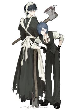 Rule 34 | 1boy, 1girl, absurdres, alternate costume, axe, black dress, black gloves, black hair, black pants, black shoes, black vest, blood, bloody weapon, blue hair, commentary request, crossdressing, crossdressing (mtf), dress, enmaided, gloves, highres, holding, holding axe, kaneki ken, kirishima touka, looking at viewer, maid, pants, shirt, shoes, short hair, simple background, tokyo ghoul, vest, vjoos, weapon, white background, white shirt