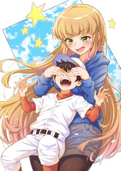 1boy 1girl absurdres age_difference baseball_cap baseball_uniform belt black_belt black_hair blonde_hair blue_hoodie brown_pantyhose covering_another's_eyes green_eyes grey_shorts hat highres hood hoodie jikkyou_powerful_pro_yakyuu long_hair natsume_jun onee-shota open_mouth pantyhose pantyhose_under_shorts pawahotel3021 power_pro_kun_pocket power_pro_kun_pocket_14 shorts sportswear star_(symbol) teeth white_hat