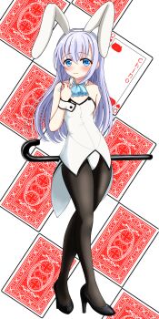 Rule 34 | 1girl, absurdres, animal ears, black pantyhose, cane, card, embarrassed, gochuumon wa usagi desu ka?, high heels, highres, kafuu chino, leotard, maxima sakuya, pantyhose, playboy bunny, playing card, rabbit ears, white leotard, wrist cuffs
