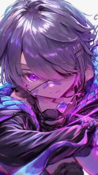 1girl bandaid bandaid_on_face bandaid_on_nose black_jacket black_shirt chest_jewel closed_mouth eyepatch grey_hair highres hololive hololive_english jacket jewel_under_eye kama_boko17 koseki_bijou koseki_bijou_(casual) looking_at_viewer medium_hair official_alternate_costume purple_eyes shirt solo virtual_youtuber