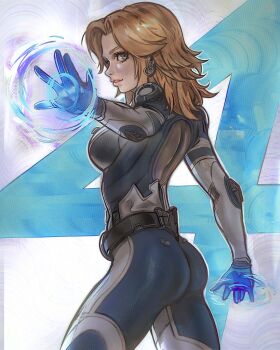 1girl ass belt blonde_hair blue_bodysuit blue_eyes bodysuit breasts chapinor cowboy_shot earrings fantastic_four highres jewelry lips long_hair looking_at_viewer marvel marvel_rivals medium_breasts parted_lips skin_tight solo standing sue_storm