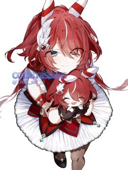 Rule 34 | 1girl, animal ears, black gloves, blush, breasts, character doll, closed mouth, commentary request, doll, dress, ear covers, ear ornament, feather hair ornament, feathers, gloves, green eyes, hair between eyes, hair ornament, highres, holding, holding doll, horse ears, horse girl, long hair, looking at viewer, low twintails, pantyhose, red dress, red hair, simple background, smile, solo, tree est, twintails, umamusume, white background, win variation (dramatic tutu) (umamusume), win variation (umamusume)