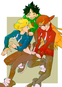 Rule 34 | 3boys, aged up, angry, antenna hair, aoki ippei., backwards hat, baseball cap, black hair, black pants, black shoes, blonde hair, blue eyes, blue shirt, blunt bangs, boomer (ppg), brick (ppg), brothers, butch (ppg), closed eyes, clothes pull, commentary, ear piercing, furrowed brow, green eyes, green shirt, grin, hat, highres, image sample, long hair, male focus, multiple boys, open mouth, orange hair, pants, pants pull, parted bangs, piercing, pixiv sample, powerpuff girls, red eyes, red hat, red shirt, rowdyruff boys, shirt, shirt pull, shoes, short hair, shouting, siblings, simple background, smile, sneakers, spiked hair, striped clothes, striped shirt, teasing