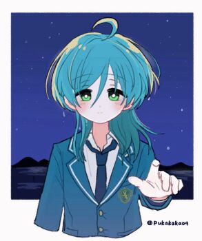 Rule 34 | 1boy, ahoge, blazer, blue hair, blue jacket, bright pupils, buttons, closed mouth, collared shirt, commentary, cropped torso, ensemble stars!, green eyes, green necktie, hair between eyes, hand up, highres, jacket, long hair, long sleeves, looking at viewer, male focus, mani (pukakaka09), necktie, night, open collar, school uniform, shinkai kanata, shirt, sky, solo, twitter username, untranslatable commentary, white pupils, yumenosaki school uniform