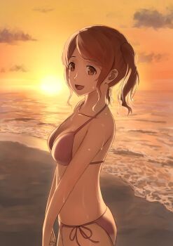 1girl :d alternate_costume amagami bare_arms bare_shoulders beach bikini blush breasts brown_eyes brown_hair cleavage cloud collarbone cowboy_shot day evening halterneck hashtag-only_commentary highres horizon looking_at_viewer medium_breasts mikawa_mikan nakata_sae ocean open_mouth outdoors pink_bikini ponytail sand shore short_hair sidelocks sky smile solo standing string_bikini sun sunset swimsuit v_arms water wet