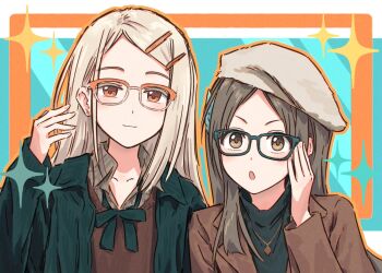 2girls :o alternate_costume beret bespectacled black_sweater blonde_hair brown-framed_eyewear brown_eyes brown_hair brown_jacket brown_shirt brown_sweater_vest closed_mouth collarbone collared_shirt colored_eyelashes diamond_necklace dress_shirt gakuen_idolmaster glasses green-framed_eyewear green_jacket green_ribbon hair_ornament hairclip hat idolmaster jacket kuramoto_china light_smile long_sleeves looking_at_viewer loose_neck_ribbon multiple_girls neck_ribbon open_clothes open_jacket orange-framed_eyewear orange_eyes plaid_clothes plaid_shirt revision ribbon shinosawa_hiro shirt sidelocks sparkle sweater sweater_vest two-tone_eyewear upper_body v-shaped_eyebrows white_hat yukitake_(xuserpost)