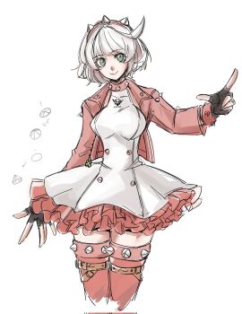 1girl aqua_eyes black_gloves boots bracelet breasts closed_mouth collar commentary_request corrupted_twitter_file cropped_legs dress elphelt_valentine fingerless_gloves frilled_dress frills gloves guilty_gear guilty_gear_strive hairband hand_up highres index_finger_raised jacket jewelry large_breasts long_sleeves looking_at_viewer makomak57956928 medium_hair open_clothes open_jacket pink_boots pink_collar pink_hairband pink_jacket simple_background smile solo spiked_boots spiked_bracelet spiked_collar spiked_hairband spiked_jacket spikes thigh_boots white_background white_dress white_hair