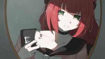 1girl aina_(alianglian91929) black_sailor_collar chest_bow closed_mouth collarbone commentary_request green_eyes hearing_aid indoors long_hair looking_at_mirror mirror red_hair sailor_collar shoulder_tattoo solo tattoo ukinami_yuzuha zenless_zone_zero