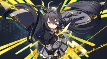 Rule 34 | 1girl, ahoge, animal ears, black coat, black gloves, black hair, black pantyhose, black shirt, black skirt, breasts, coat, earrings, gloves, hair between eyes, horse ears, jewelry, lightning bolt symbol, long hair, long sleeves, looking at viewer, manhattan cafe (umamusume), motion blur, necktie, pantyhose, parted lips, running, running towards viewer, shadow, shirt, single earring, skirt, small breasts, solo, umamusume, v-shaped eyebrows, very long hair, yellow eyes, yellow necktie, yomean!