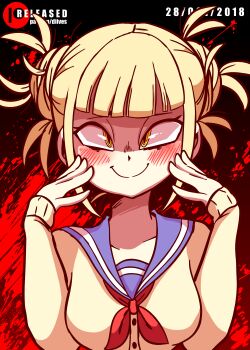 10s 1girl animated animated_gif artist_name black_background blonde_hair blue_sailor_collar blunt_bangs blush boku_no_hero_academia breasts closed_mouth collarbone dated diives double_bun english_text fangs female_focus flashing hair_bun half-closed_eyes hands_on_own_face hands_up happy highres jacket long_sleeves looking_at_viewer medium_breasts messy_hair neckerchief nipples no_bra nose_blush off_shoulder open_clothes open_mouth open_shirt red_background red_neckerchief sailor_collar school_uniform serafuku sharp_teeth shirt short_hair smile solo talking teeth text_focus toga_himiko torn_clothes upper_body white_shirt yellow_eyes yellow_jacket