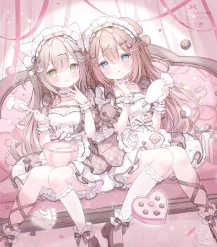 2girls :q animal_ears apron blue_eyes blush bow box breasts brown_hair chocolate cleavage couch dog_ears dog_girl dress food food_on_face frills green_eyes hair_ornament hairclip heart highres holding long_hair looking_at_viewer maid maid_headdress multiple_girls omochi_monaka on_couch original ribbon sensitive short_sleeves sitting smile socks tongue tongue_out valentine whisk white_apron wrist_cuffs