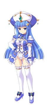 1girl aoi_masami arty_rain blue_eyes blue_hair blunt_bangs bow breasts cleavage doumyouji_kotetu dress elbow_gloves frilled_thighhighs frills full_body game_cg gloves hair_ornament hairclip hand_on_own_hip hat high_heels highres large_breasts large_variant_set leotard long_hair looking_at_viewer non-web_source official_art puffy_sleeves shoes short_sleeves showgirl_skirt skirt smile solo standing tachi-e thighhighs transparent_background ts_magical_girl_nao variant_set white_gloves white_thighhighs