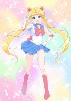 1girl absurdres bishoujo_senshi_sailor_moon blonde_hair blue_eyes blue_sailor_collar bow choker circlet crescent crescent_earrings crescent_facial_mark double_bun earrings elbow_gloves facial_mark gloves hair_bun hair_ornament heart highres jewelry kuroasa24 long_hair magical_girl red_bow red_choker sailor_collar sailor_moon sailor_senshi_uniform skirt smile solo tachi-e tsukino_usagi twintails v very_long_hair white_gloves