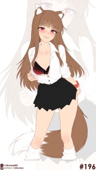 1girl absurdres animal_ears black_bra black_shoes black_skirt blush bra breasts brown_hair cleavage clothes_lift collarbone commentary dress_shirt english_commentary fang highres holo likunea long_hair medium_breasts patreon_logo patreon_username red_eyes scrunchie shirt shoes simple_background skirt skirt_lift solo spice_and_wolf standing tail teasing thighs twitter_username twitter_x_logo underwear white_shirt wolf_ears wolf_girl wolf_tail zoom_layer