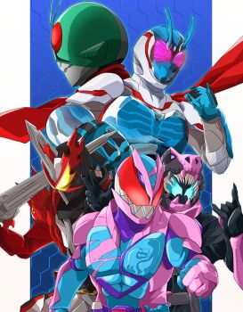 5boys absurdres anniversary armor asymmetrical_armor brave_dragon bug clenched_hand fighting_stance foreshortening glowing glowing_eyes grasshopper highres holding holding_weapon insect kamen_rider kamen_rider:_beyond_generations kamen_rider_(1st_series) kamen_rider_1 kamen_rider_century kamen_rider_revi kamen_rider_revice kamen_rider_saber kamen_rider_saber_(series) kamen_rider_vice knight m/ miyabi_(037) movie_poster multiple_boys pink_eyes profile red_armor red_scarf reiwa revice_driver rex_genome scarf shouwa sword weapon yellow_eyes