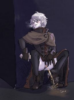 1girl against_wall anna_pascal black_panties black_thighhighs blush boots breath brown_footwear cloak clothing_aside dagger gloves hiding high_collar highres knife panties panties_aside peeing pubic_hair pussy qualityace scar scar_on_face sheath short_hair square_enix squatting stealth textless_version thighhighs triangle_strategy uncensored underwear unsheathing weapon white_hair