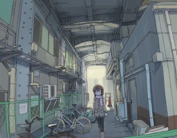 1girl air_conditioner bicycle bicycle_basket black_leggings boots building buttons commentary door fence industrial_pipe jacket leggings masuki original rivets scarf scenery skirt solo traffic_cone walking wide_shot