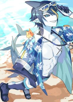 1boy absurdres blue_eyes blue_sclera character_request colored_sclera ear_piercing fins fish_tail gills highres indie_virtual_youtuber magic_necro male_focus midriff_peek monster_boy piercing pointy_ears scar scar_on_chest second-party_source shark_boy shark_fin shark_tail sharp_teeth solo tail teeth virtual_youtuber