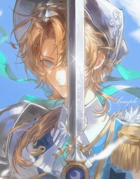 1boy absurdres blue_eyes blue_vest brown_hair chinese_commentary commentary_request commission crescent curtained_hair epaulettes hair_over_one_eye hair_over_shoulder hat highres holding holding_sword holding_weapon identity_v long_hair looking_at_viewer low_ponytail male_focus naib_subedar ponytail shirt solo stitched_mouth stitches sword upper_body vest weapon white_hat white_shirt yi_kuan_pp