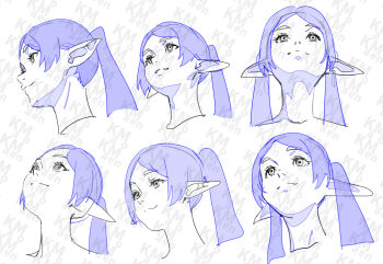 :3 collarbone earrings ears_down elf frieren from_below jewelry kamo_kamen lineart long_hair looking_up meme multiple_girls multiple_views parted_lips pointy_ears reference_sheet sidelocks smile sousou_no_frieren thick_eyebrows twintails upward_angle_frieren_drawing_(meme)